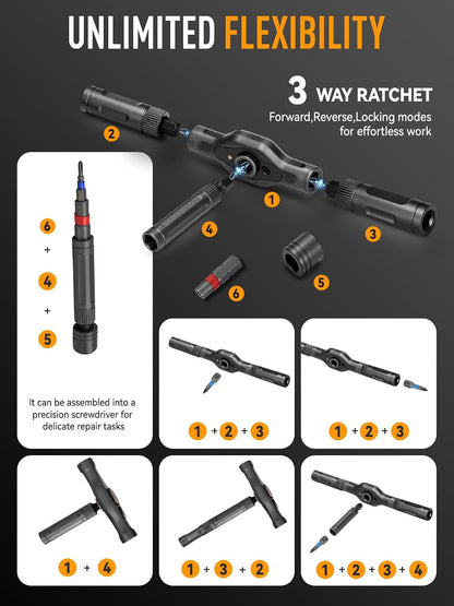 DISEN 68-Piece Ratcheting Screwdriver Set, T-Handle, 58-Tooth Ratchet, 42 S2 Steel Bits