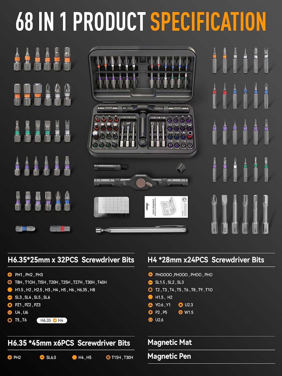 DISEN 68-Piece Ratcheting Screwdriver Set, T-Handle, 58-Tooth Ratchet, 42 S2 Steel Bits