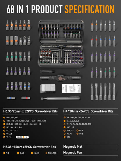 DISEN 68-Piece Ratcheting Screwdriver Set, T-Handle, 58-Tooth Ratchet, 42 S2 Steel Bits