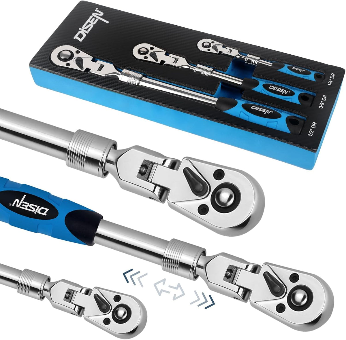 DISEN Extendable Flex-Head Ratchet Wrench Set | 3-Piece, 1/4", 3/8" & 1/2" Drive Ratchet Handles，72-Tooth