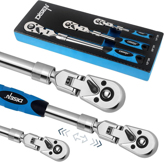 DISEN Extendable Flex-Head Ratchet Wrench Set | 3-Piece, 1/4", 3/8" & 1/2" Drive Ratchet Handles，72-Tooth