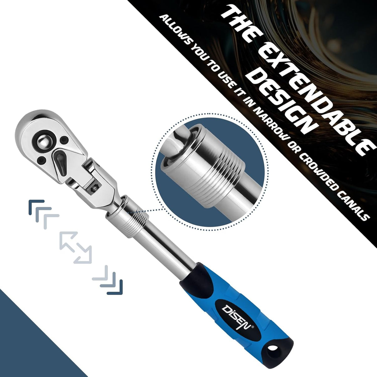 DISEN Extendable Flex-Head Ratchet Wrench Set | 3-Piece, 1/4", 3/8" & 1/2" Drive Ratchet Handles，72-Tooth