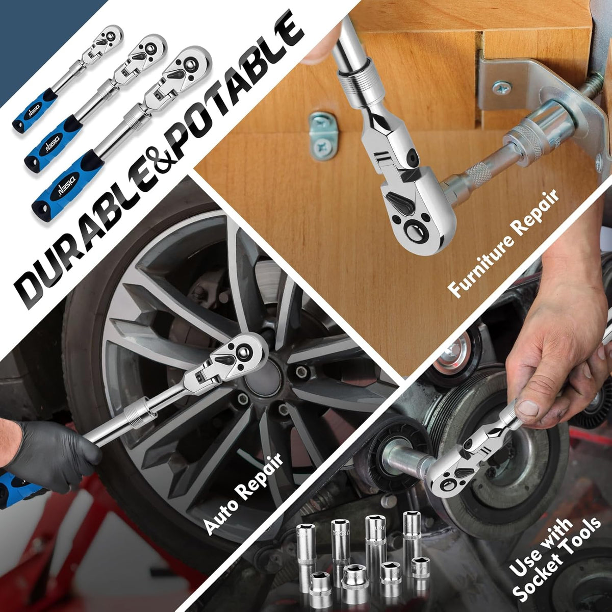 DISEN Extendable Flex-Head Ratchet Wrench Set | 3-Piece, 1/4", 3/8" & 1/2" Drive Ratchet Handles，72-Tooth