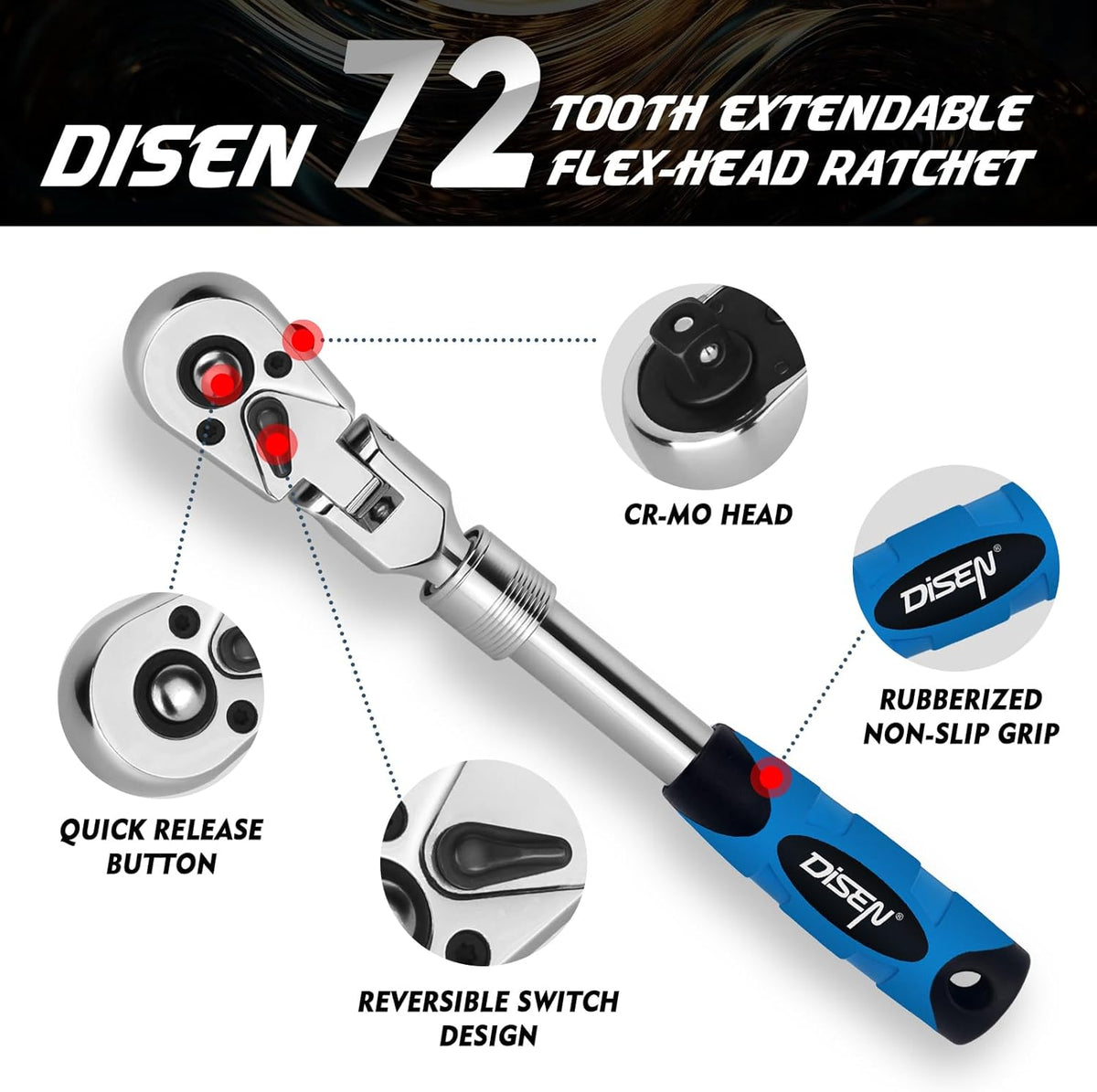 DISEN Extendable Flex-Head Ratchet Wrench Set | 3-Piece, 1/4", 3/8" & 1/2" Drive Ratchet Handles，72-Tooth