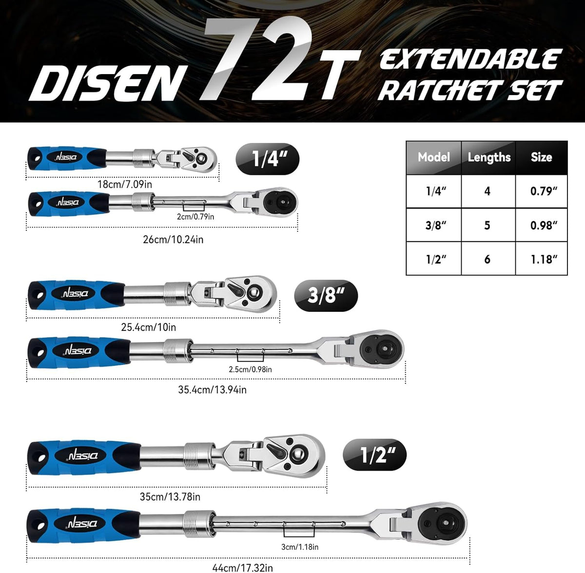 DISEN Extendable Flex-Head Ratchet Wrench Set | 3-Piece, 1/4", 3/8" & 1/2" Drive Ratchet Handles，72-Tooth