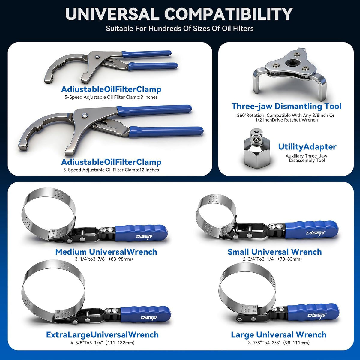 DISEN 8-Piece Oil Filter Wrench Set, Adjustable 3-Jaw Removal Tools, 2-3/4"–5-1/4" with Storage Case
