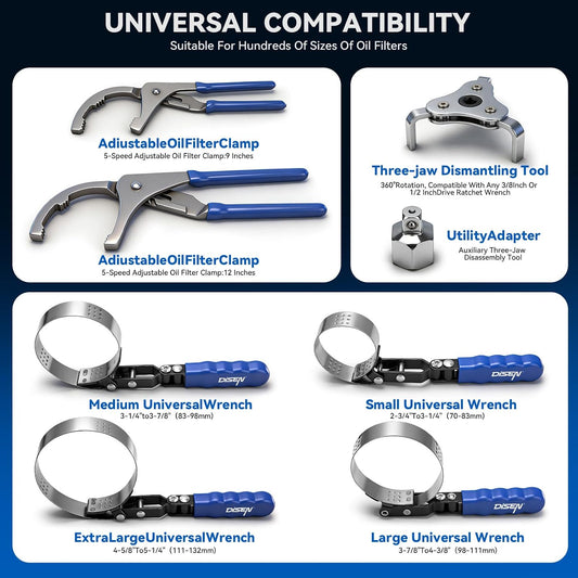 DISEN 8-Piece Oil Filter Wrench Set, Adjustable 3-Jaw Removal Tools, 2-3/4"–5-1/4" with Storage Case