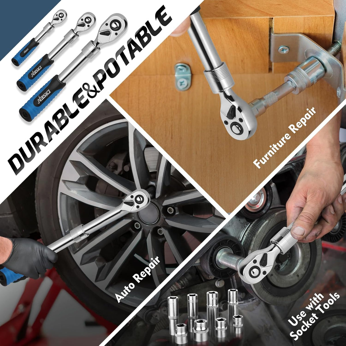 DISEN 3-Piece Extendable Flex-Head Ratchet Wrench Set, 1/4", 3/8" & 1/2" Drive Ratchet Handle, 72-Tooth, Quick-Release