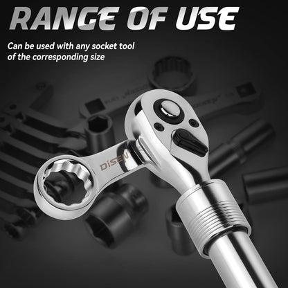 DISEN 3-Piece Extendable Flex-Head Ratchet Wrench Set, 1/4", 3/8" & 1/2" Drive Ratchet Handle, 72-Tooth, Quick-Release