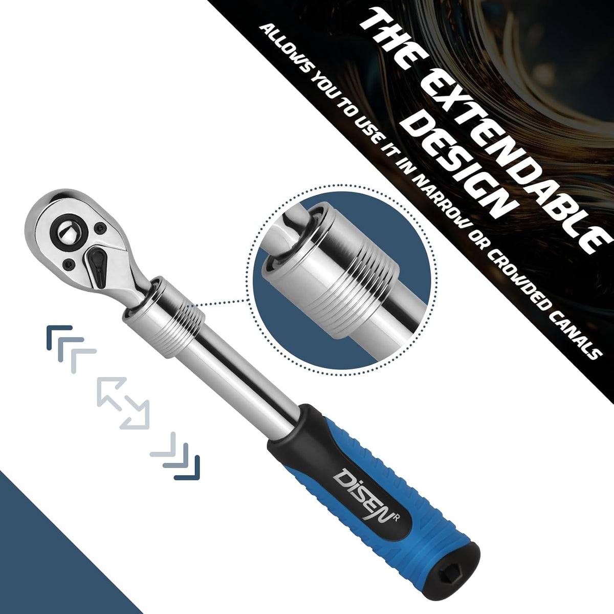 DISEN 3-Piece Extendable Flex-Head Ratchet Wrench Set, 1/4", 3/8" & 1/2" Drive Ratchet Handle, 72-Tooth, Quick-Release