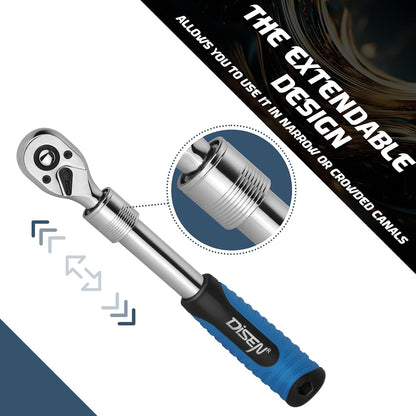 DISEN 3-Piece Extendable Flex-Head Ratchet Wrench Set, 1/4", 3/8" & 1/2" Drive Ratchet Handle, 72-Tooth, Quick-Release