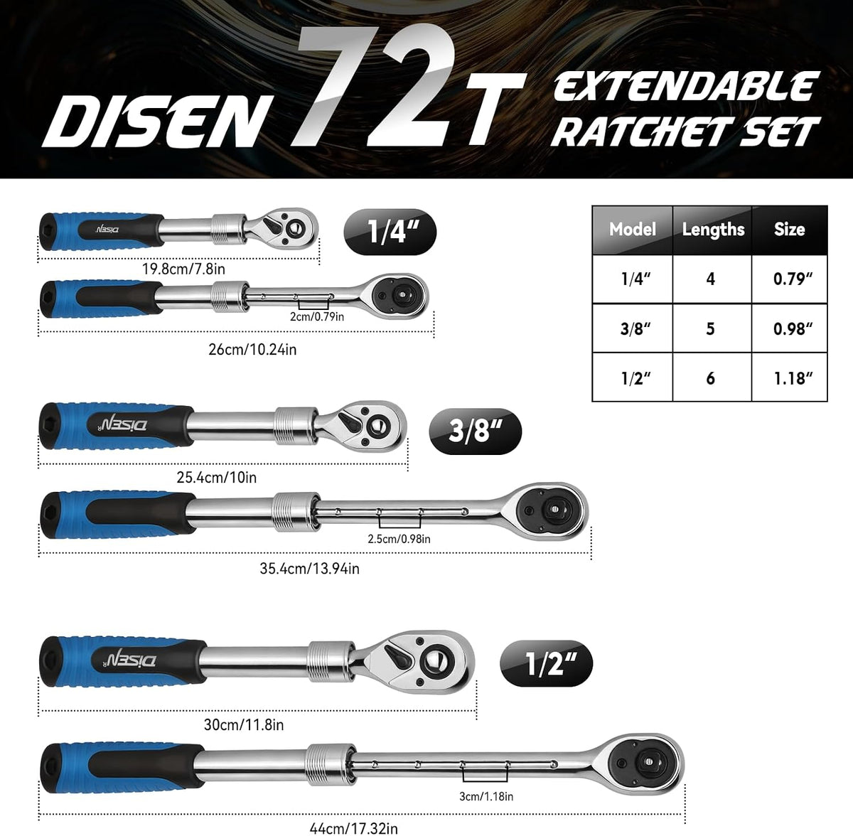 DISEN 3-Piece Extendable Flex-Head Ratchet Wrench Set, 1/4", 3/8" & 1/2" Drive Ratchet Handle, 72-Tooth, Quick-Release