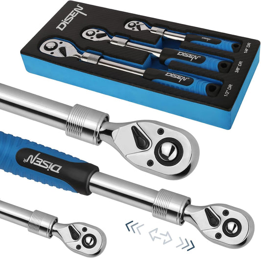 DISEN 3-Piece Extendable Flex-Head Ratchet Wrench Set, 1/4", 3/8" & 1/2" Drive Ratchet Handle, 72-Tooth, Quick-Release